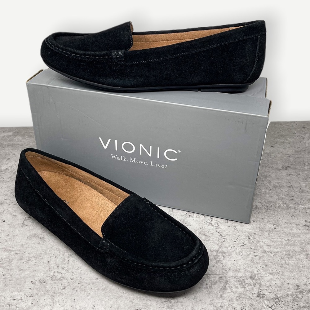 Vionic NIB black suede leather Debbie loafers, size 9.5